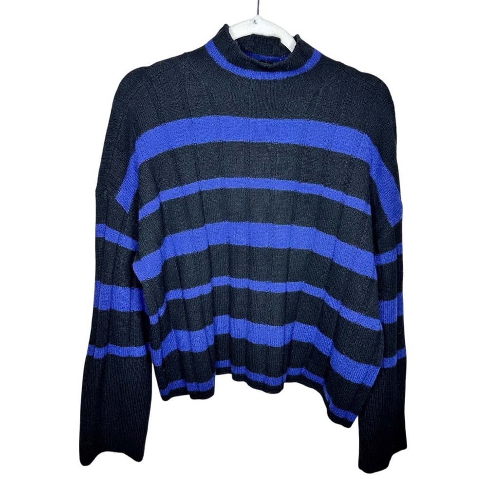 Madewell Ribbed Cashmere-Wool Pullover Sweater Cobalt Blue/Black Stripe Small - Picture 2 of 16